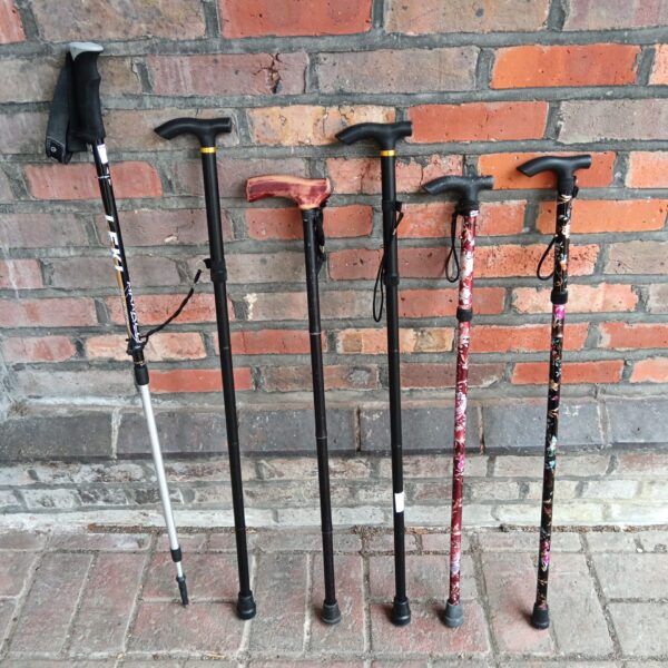 Lot of six modern metal walking sticks including Leki Makalu.