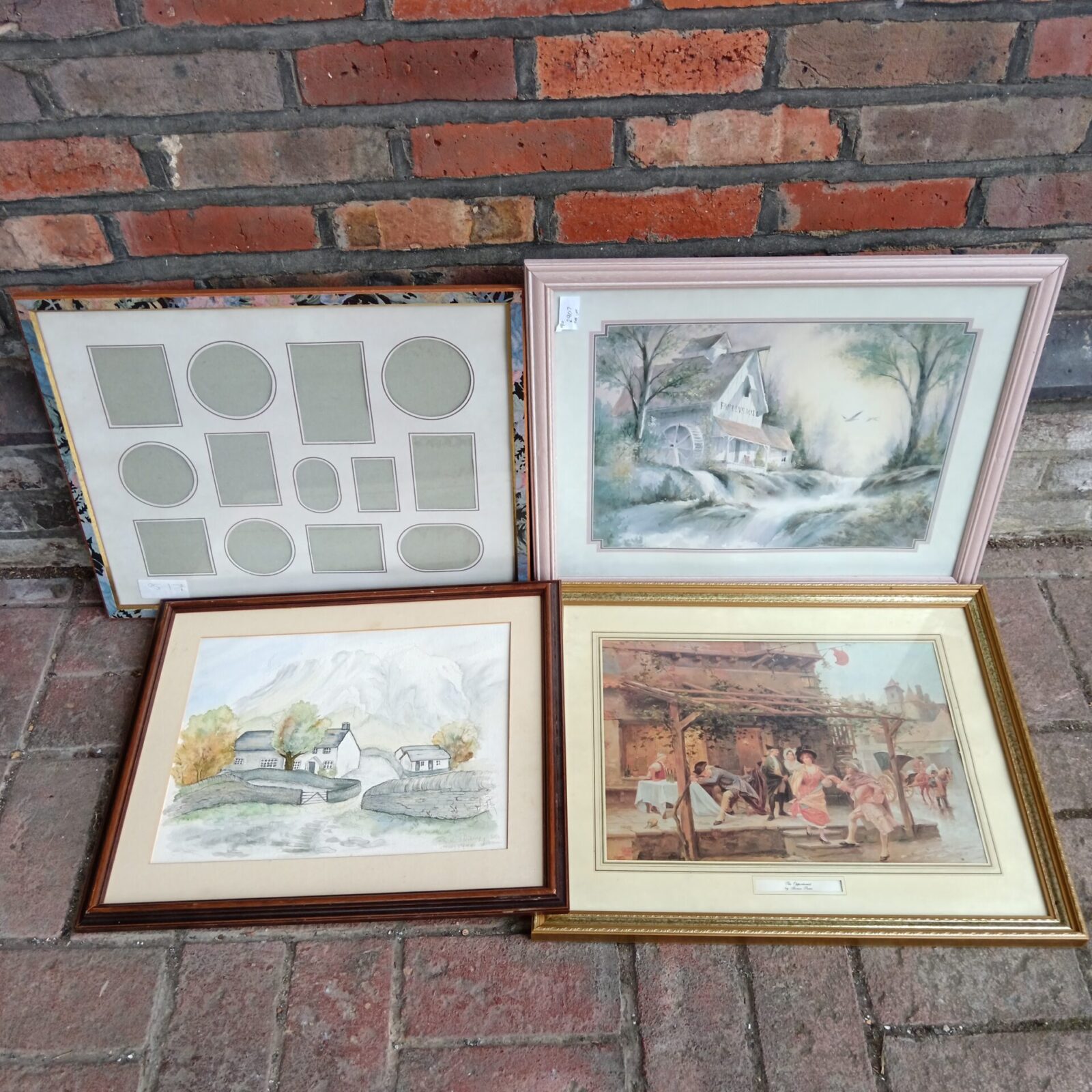 Signed watercolour cottage painting with framed prints for wall decor.