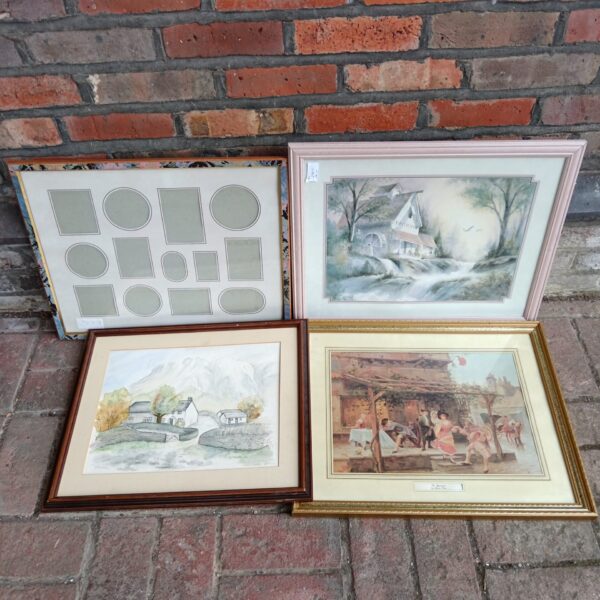 Signed watercolour cottage painting with framed prints for wall decor.