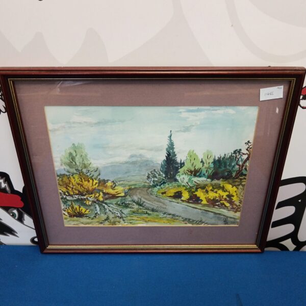 Signed watercolour painting of a country road landscape by M R W.