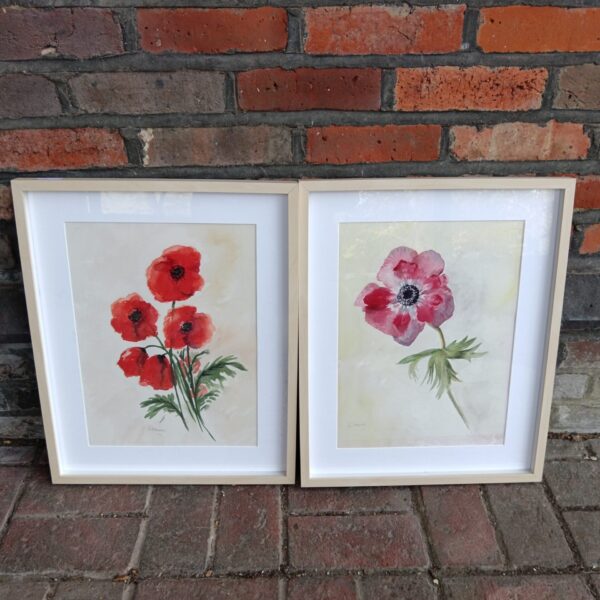 Pair of vintage watercolour paintings of red poppies.