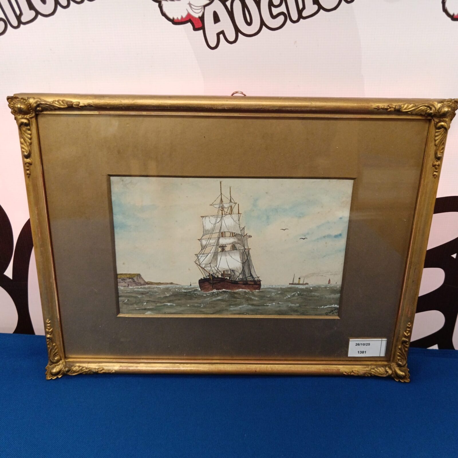 Vintage watercolour painting of a sail and steam ship on the coast.
