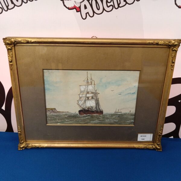 Vintage watercolour painting of a sail and steam ship on the coast.