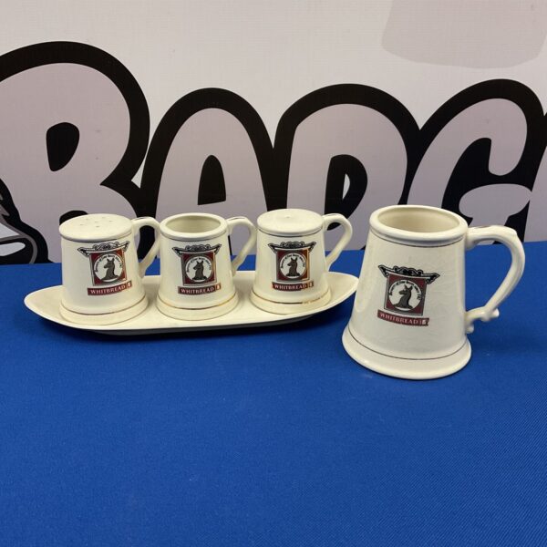 Vintage Whitbread brewery cruet set and small tankard for collectors.