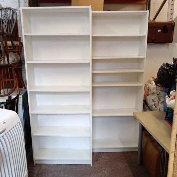 Tall white bookcase offering ample storage space for books and collectibles.