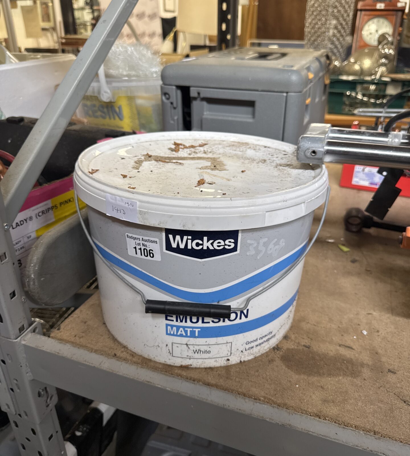 Full tub of Wickes white matt emulsion paint for DIY projects.