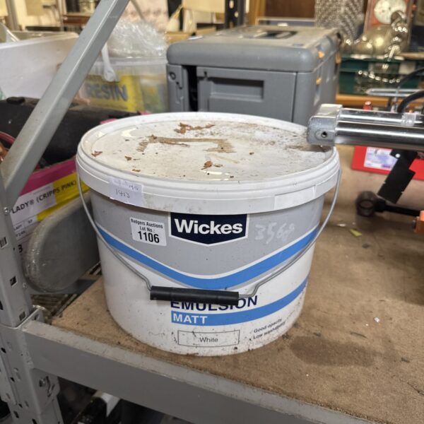 Full tub of Wickes white matt emulsion paint for DIY projects.