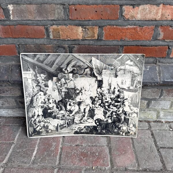 Vintage William Hogarth print of the Company of Strollers theatrical scene.