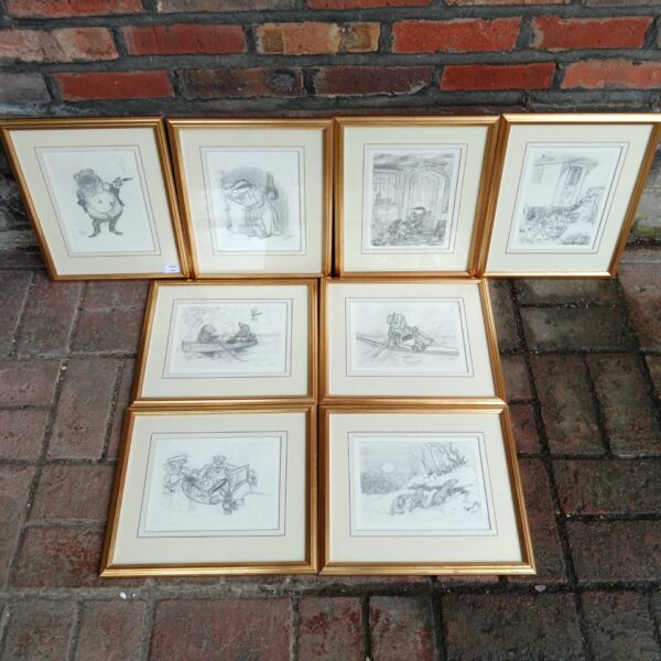 Set of eight framed Wind in the Willows prints, vintage illustrations.