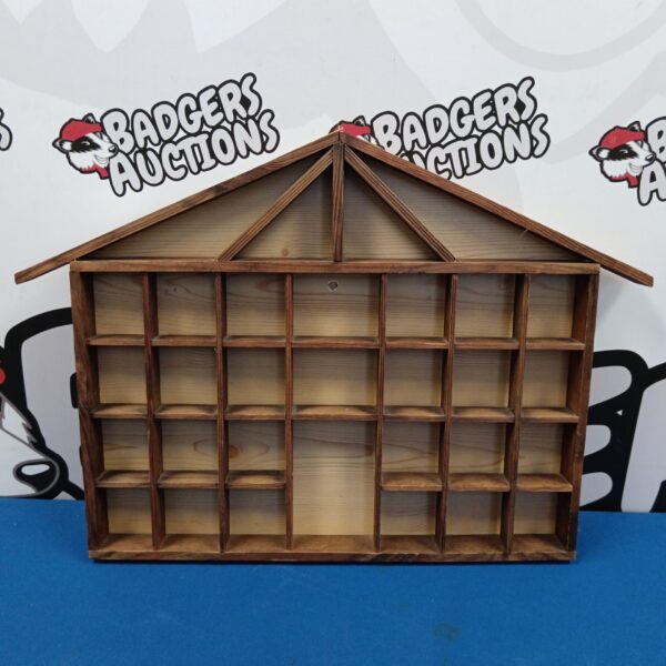 Wooden display cabinet for small collectibles, ideal for thimbles.