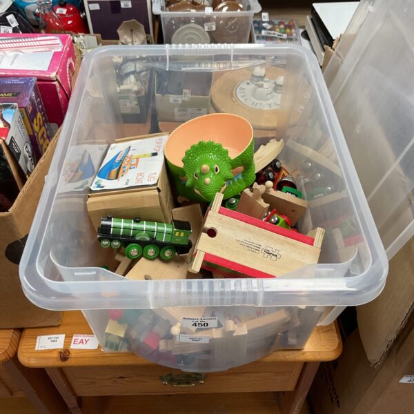 Large lot of wooden train set with Brio and Bigjigs pieces.