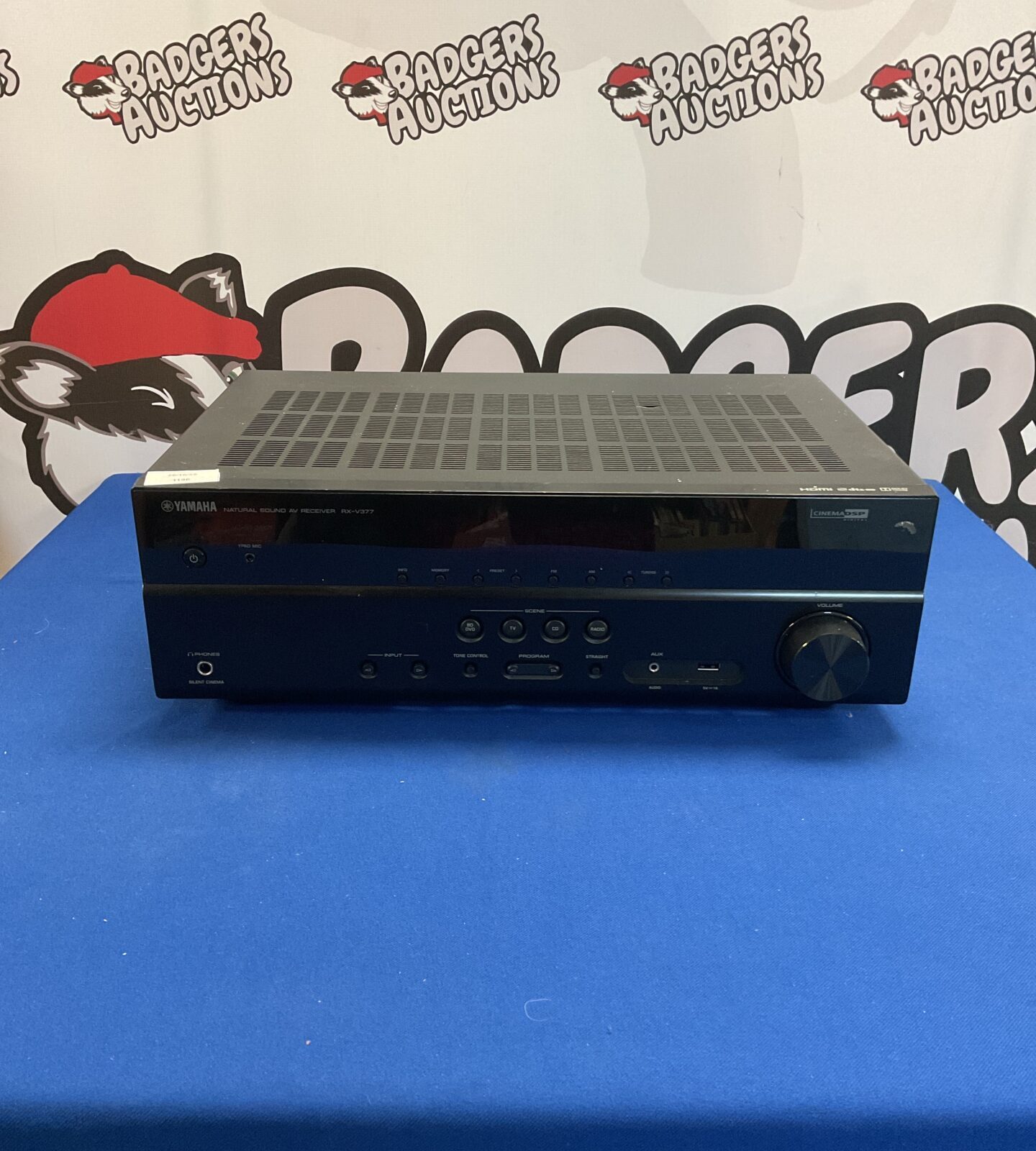 Yamaha RX-V377 AV receiver front view, black finish.