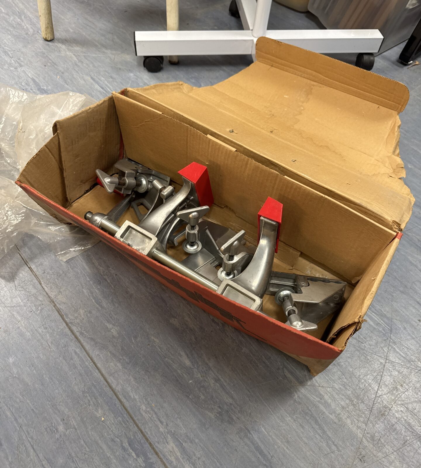 Zyliss clamp set in a cardboard box, vintage kitchen tool.