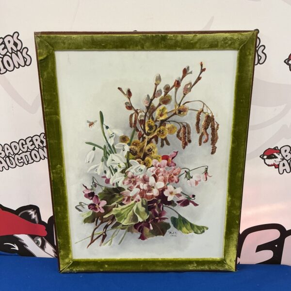 Antique 1913 oil on glass floral painting with a bee, vintage botanical art.