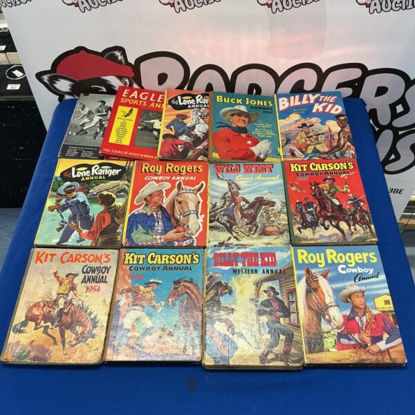 Vintage 1950s children’s annuals featuring Roy Rogers and the Lone Ranger.
