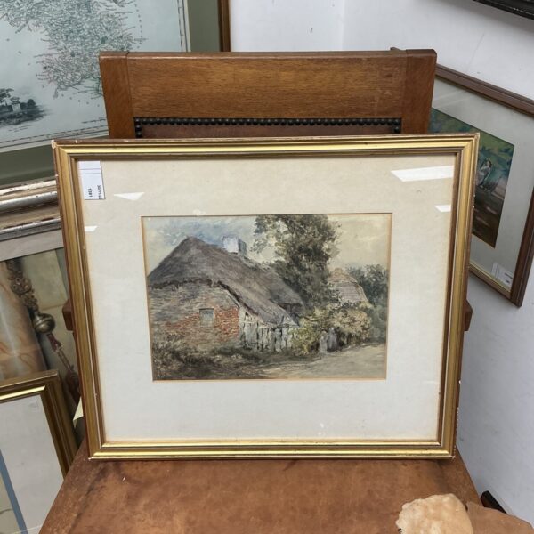 19th-century watercolour painting of a thatched cottage scene.