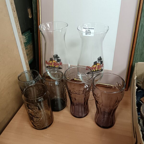 Two Hard Rock Hurricane Orlando Cocktail Glasses with Five Coca Cola Glasses