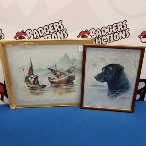 Vibrant oil painting of traditional Chinese fishing boats by A Wong.