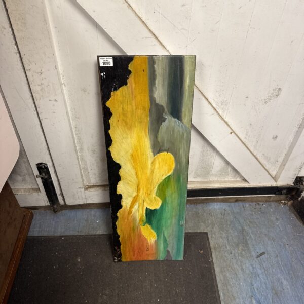 Front view of abstract floral painting on wooden board.
