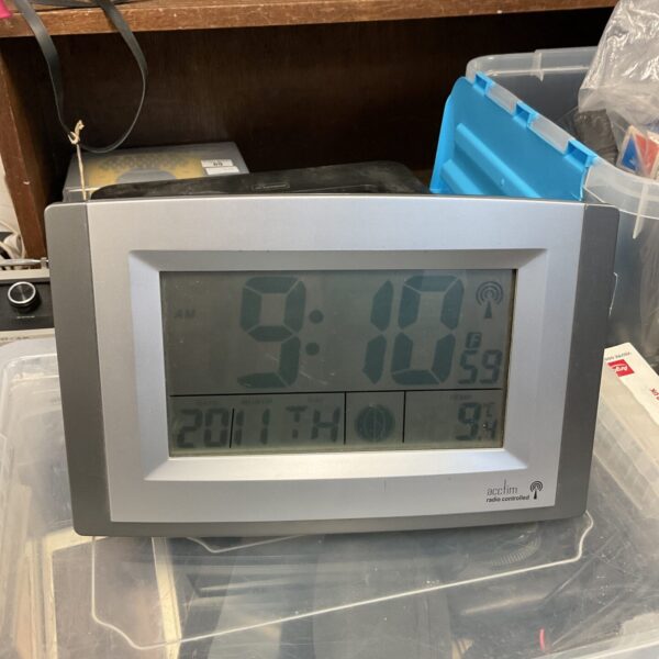 Close-up of Acctim radio controlled clock digital display.