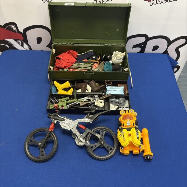 Vintage Action Man accessories and bicycle in original box.