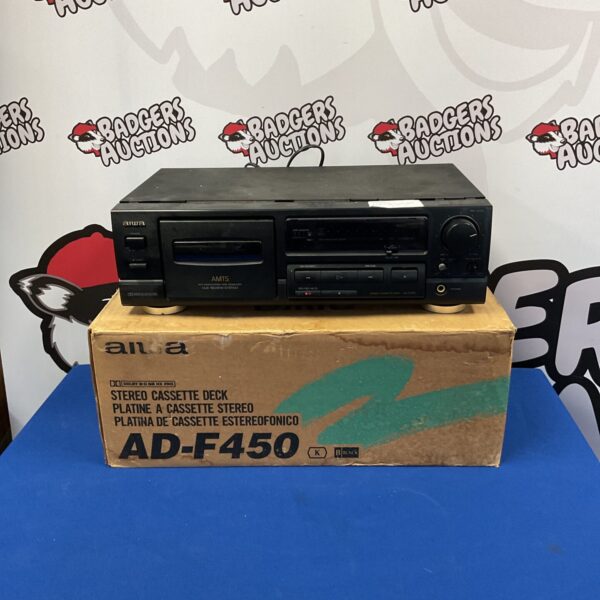 Black Aiwa AD-F450 stereo cassette deck, vintage audio equipment.