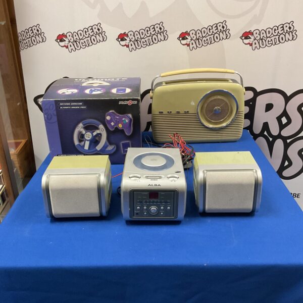 Vintage Alba CD player, Bush radio, and Nintendo GameCube driving pack lot.