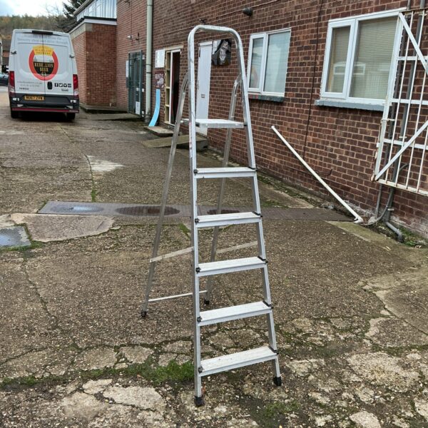 Aluminium step ladder leaning against a wall in a garden setting.