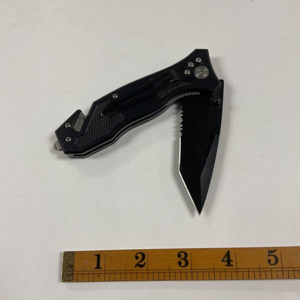 Black Anglo Arms pocket knife with spring-assisted opening and belt clip.