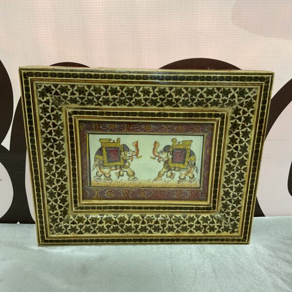 Vintage Anglo Indian watercolour with elephant design in marquetry frame.