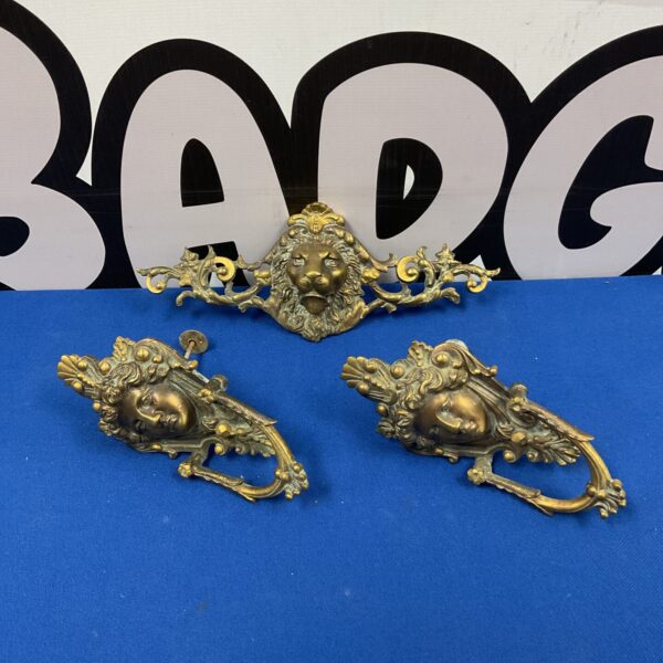 Antique brass door pulls with detailed lion head finials.
