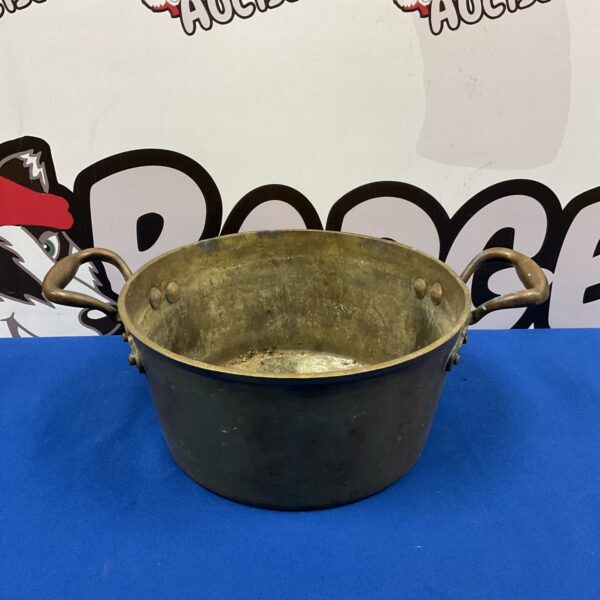 Antique brass jam pan with twin handles, vintage kitchenware.