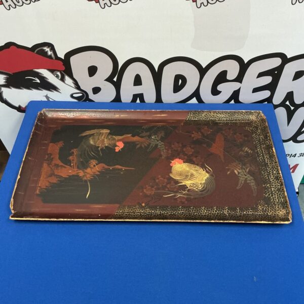 Antique Chinese serving tray with fighting cock design.