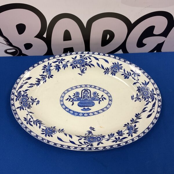 Antique delphware meat platter by Wood & Sons with blue and white transferware.