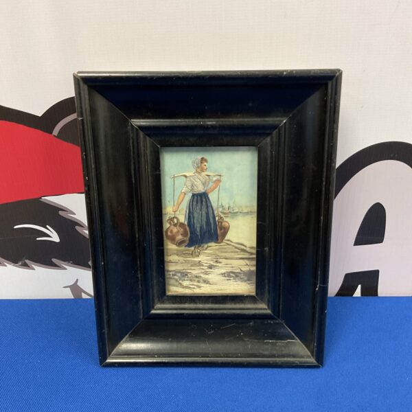 Antique Dutch silk embroidery of a girl carrying water pails.