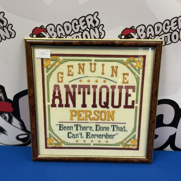 Antique framed tapestry reading "Genuine Antique Person"
