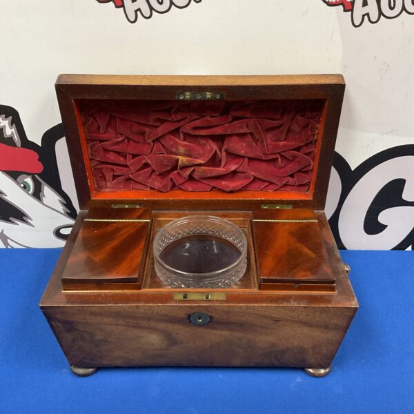 Antique oak smokers box with glass bowl, vintage tobacciana collectible.