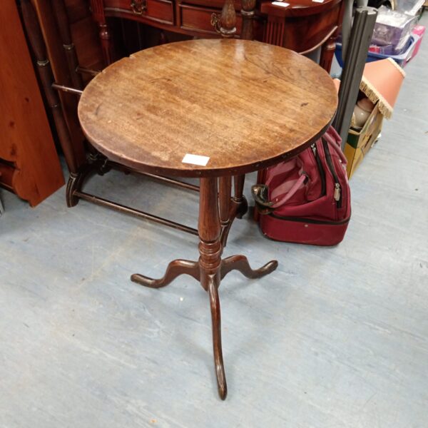 Antique oak wine table with tripod legs, vintage furniture.