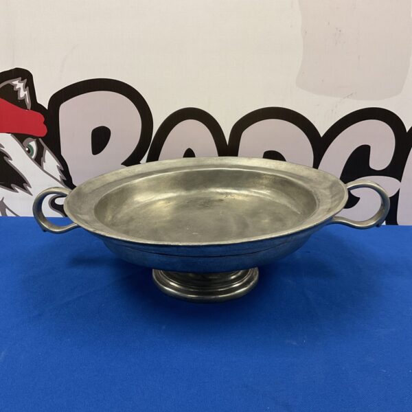 Large antique pewter centrepiece bowl for table display.