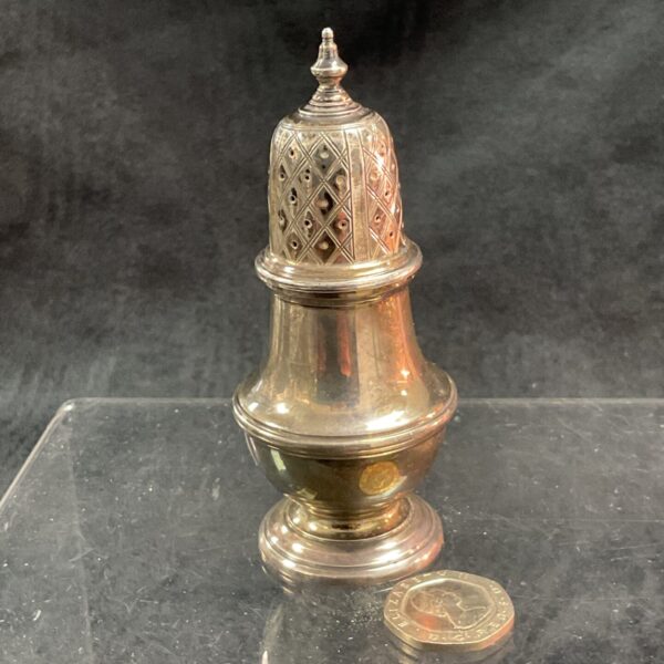 Ornate antique sterling silver pepper sifter on a clear base.