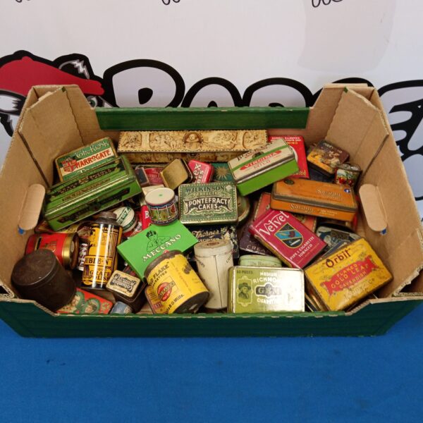 Vintage antique tin collection including Oxo and Meccano tins.