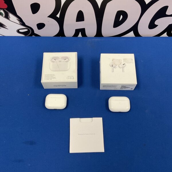 Two pairs of Apple AirPods Pro wireless earbuds in their cases.