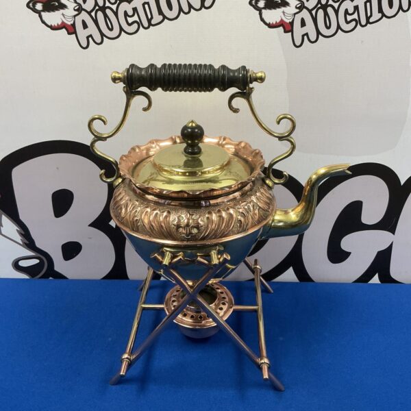 Antique Art Nouveau spirit kettle in copper and brass.