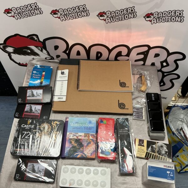 Artist equipment lot featuring watercolour paints and coloured pencils.