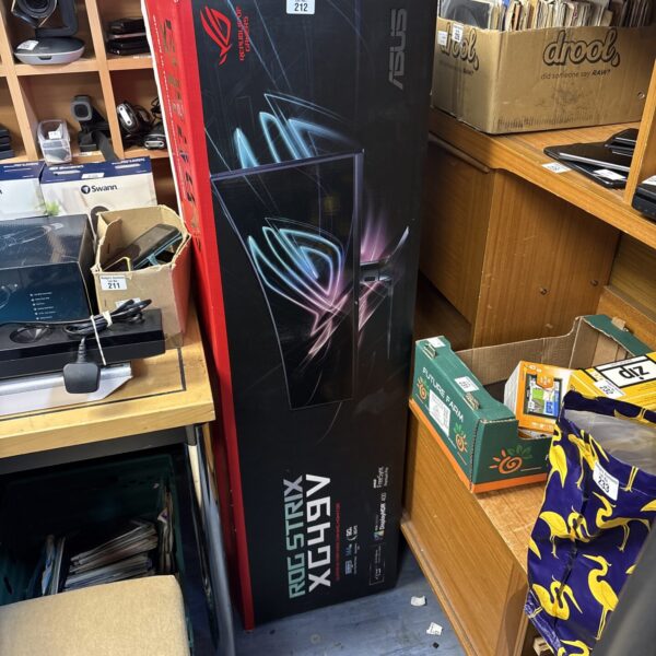 Asus ROG Strix XG49V curved gaming monitor with visible damage.