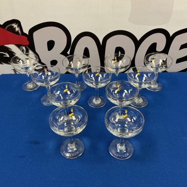 Lot of eleven vintage Babycham glasses, collectible glassware.