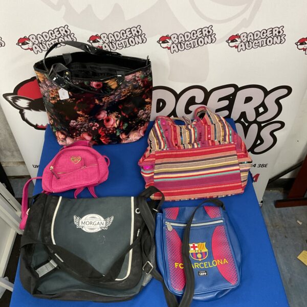 Mixed lot of five fashion bags including Barcelona and Juicy Couture.