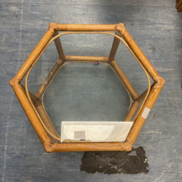 Vintage bamboo coffee table with clear glass top.