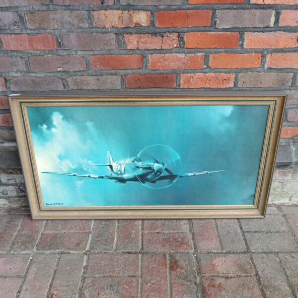 Large framed Barrie A F Clark Spitfire print, vintage aviation art.