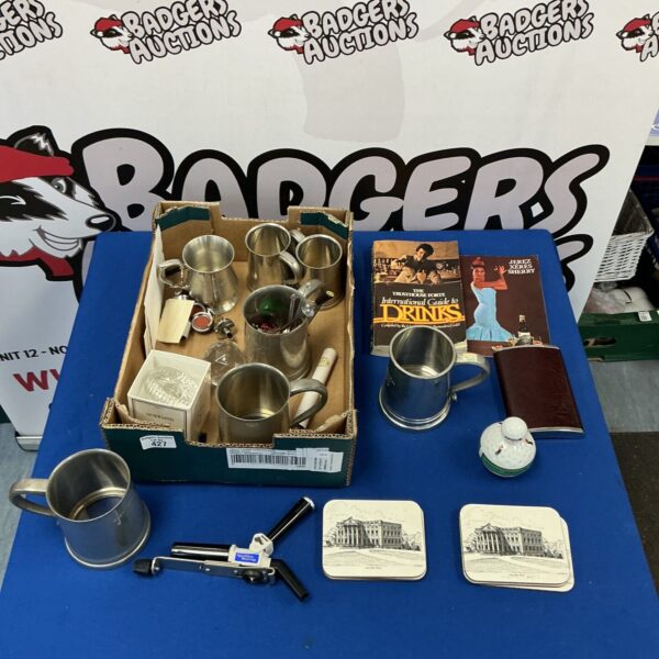 Vintage metal tankards and barware in a lot.